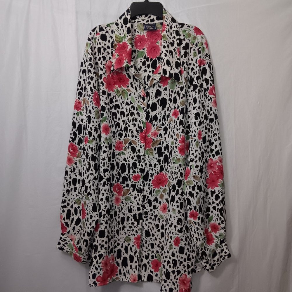 LAURA SCOTT WOMAN LONG SLEEVE FLORAL PRINT BUTTON UP DRESS SHIRT